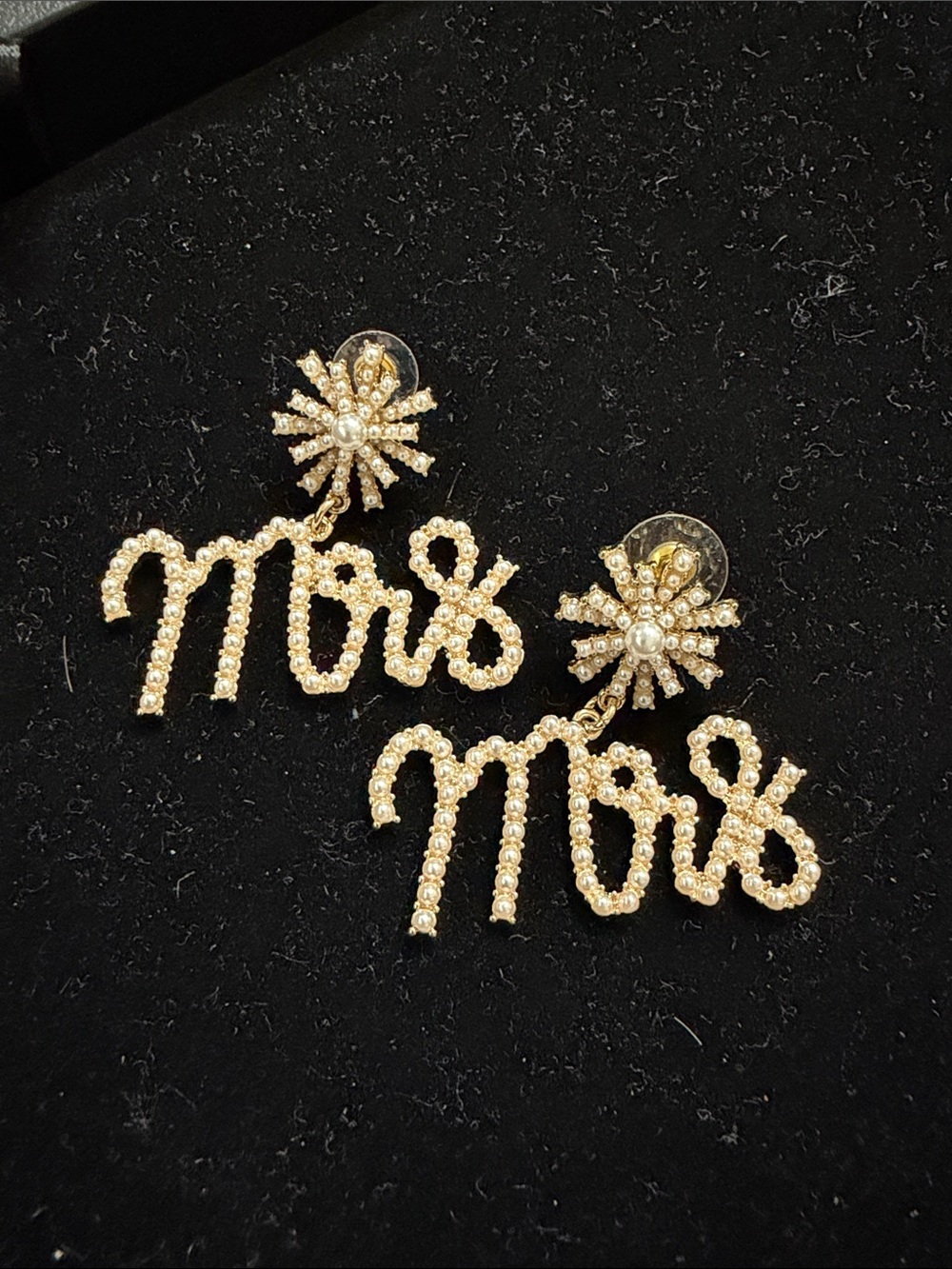 Gold 'Mrs' Rhinestone Drop Earrings, EUC